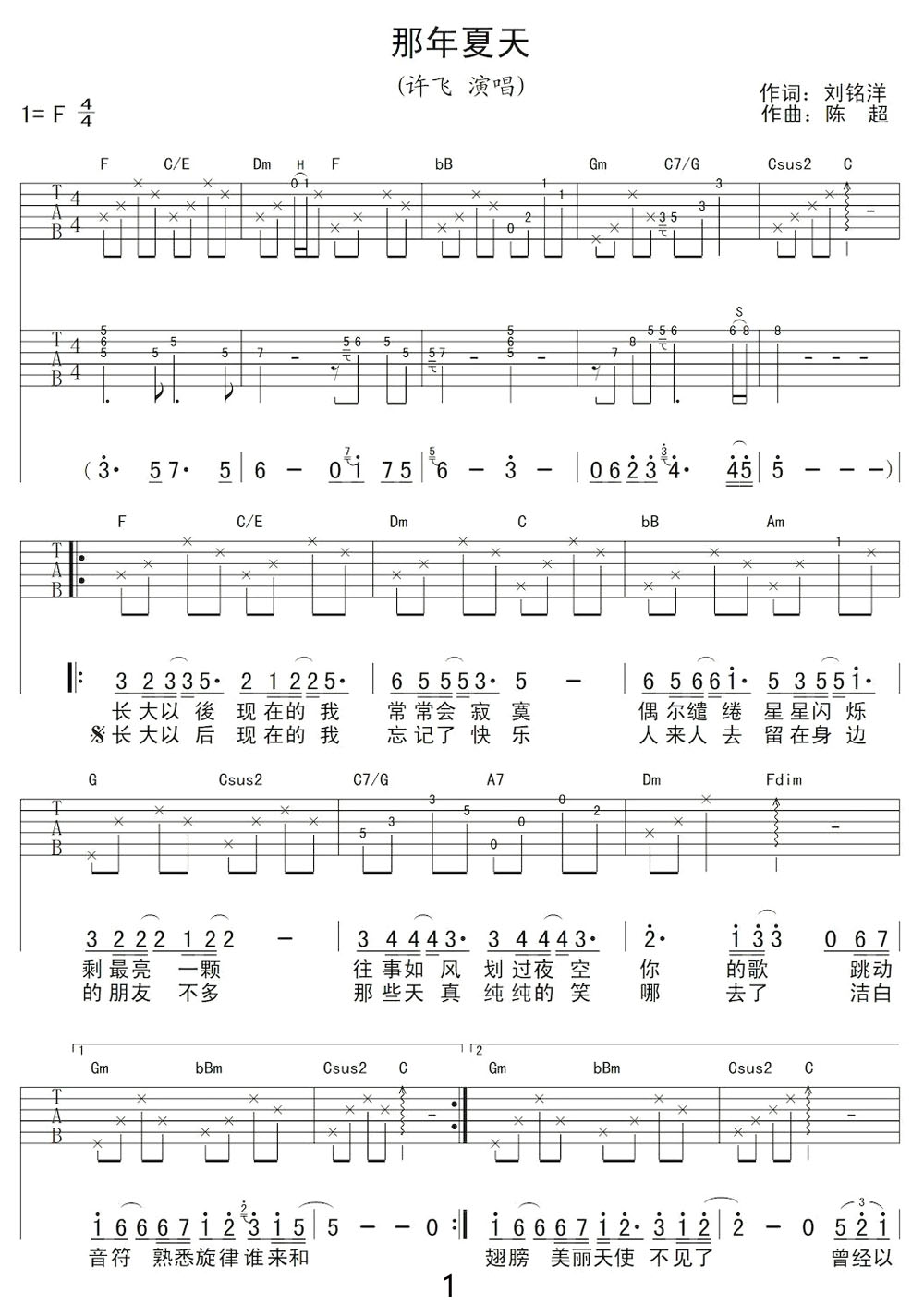 那年夏天吉他譜_許飛_F調和弦彈唱譜_完整帶前奏_圖譜1