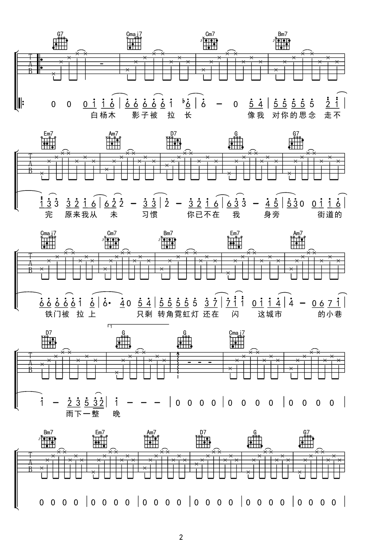 雨下一整晚吉他譜_周杰倫_G調和弦彈唱譜_原版改編_圖譜2