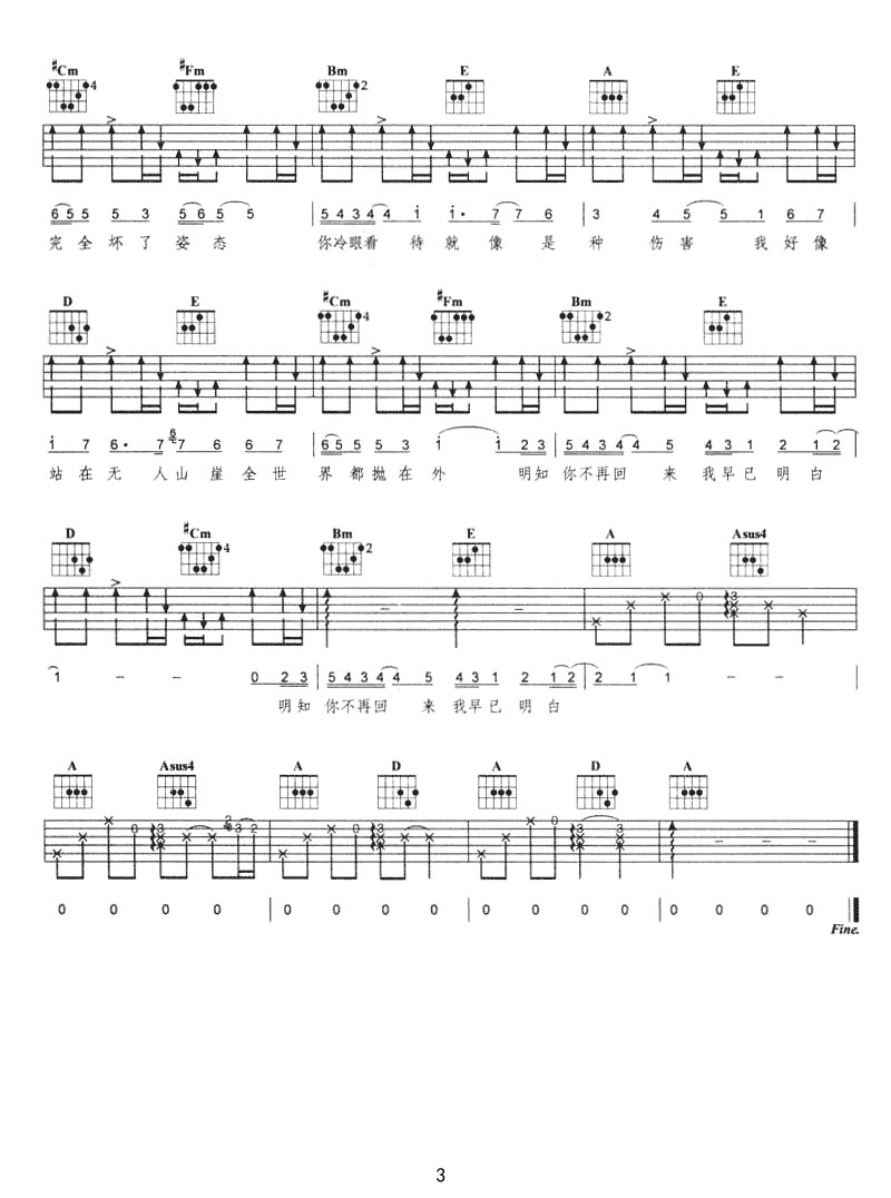 偏見吉他譜_梁詠琪_A調(diào)和弦彈唱譜_重制版_圖譜3