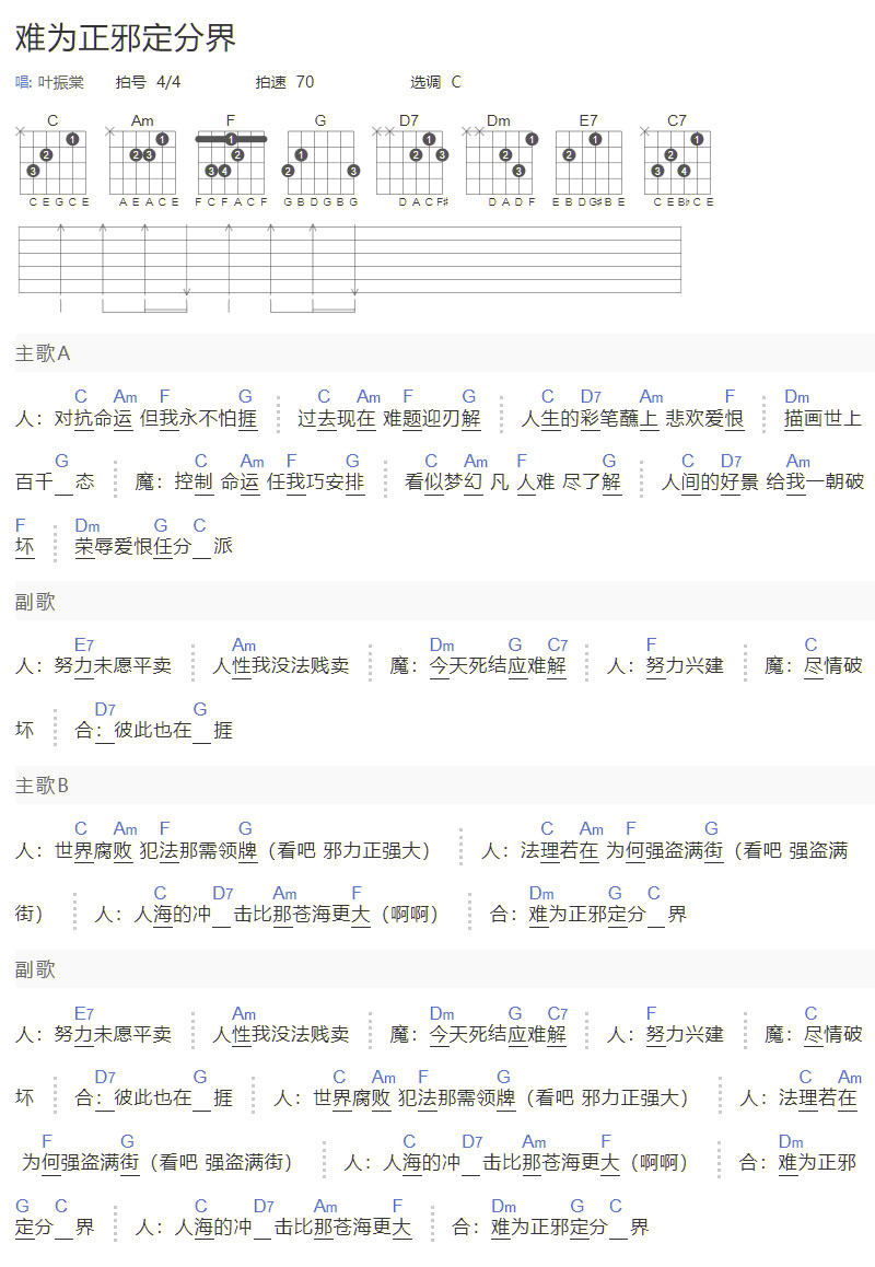 难为正邪定分界吉他谱_叶振棠_C调和弦弹唱谱_简单和弦版_图谱1