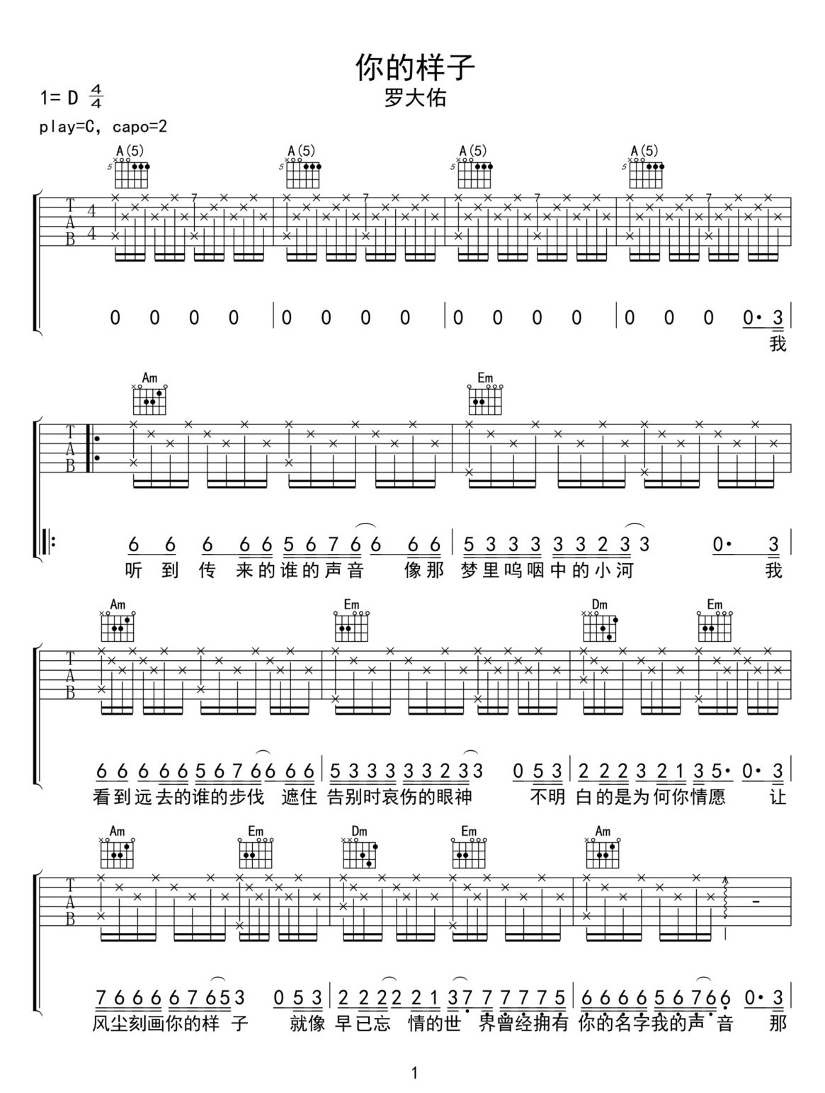 你的樣子吉他譜_羅大佑_C調和弦彈唱譜_簡易版_圖譜1