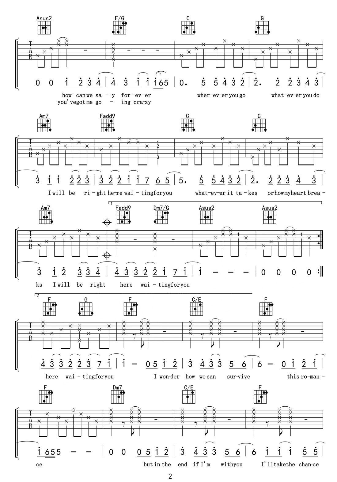 right here waiting(此情可待)吉他譜_richard marx_C調和弦彈唱譜_圖譜2