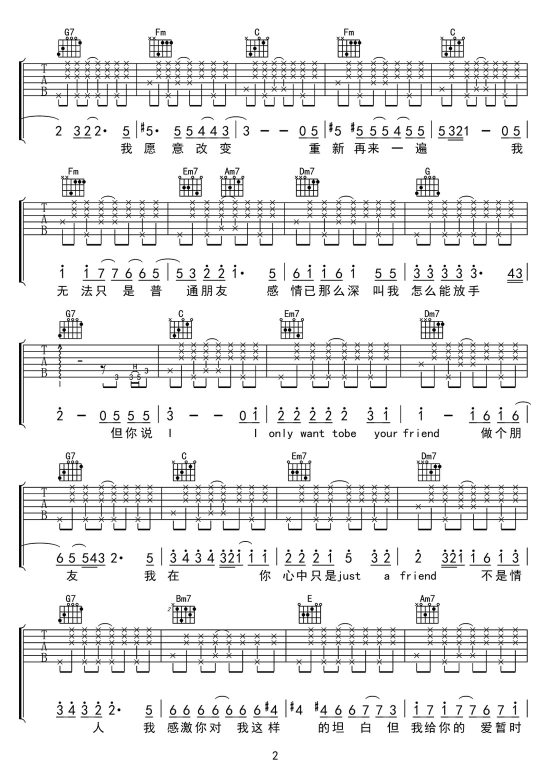 普通朋友吉他譜_陶喆_C調和弦彈唱譜_簡易版_圖譜2
