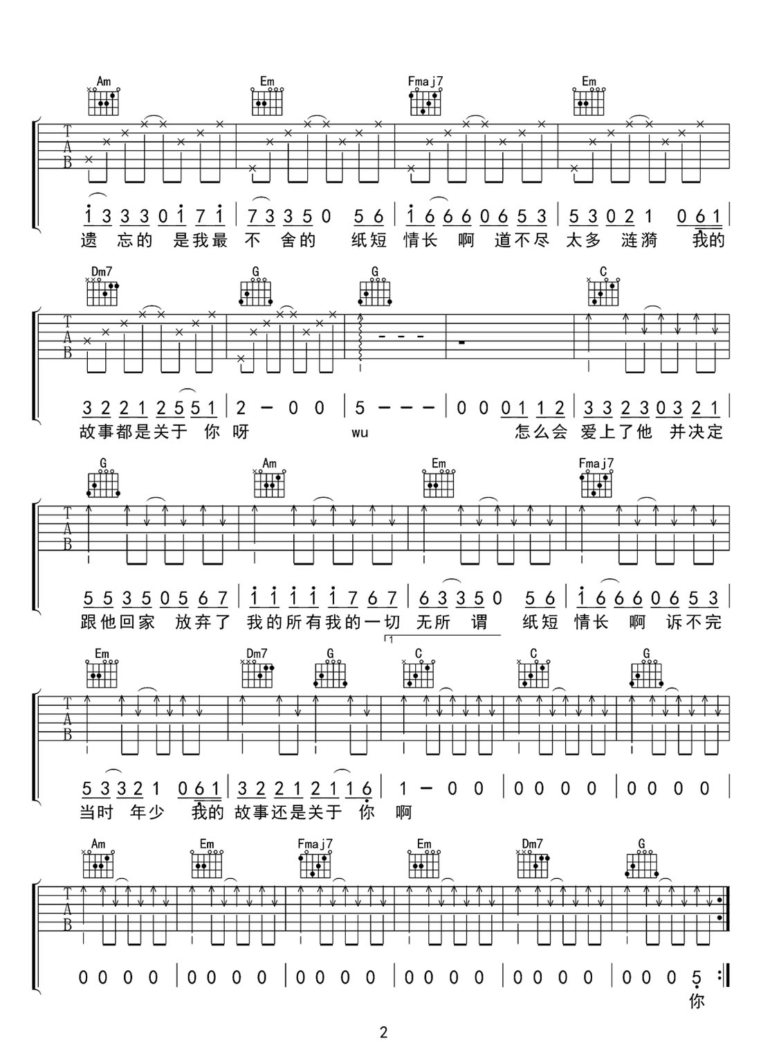 紙短情長吉他譜_煙把兒樂隊_C調和弦彈唱譜_完整帶前奏_圖譜2