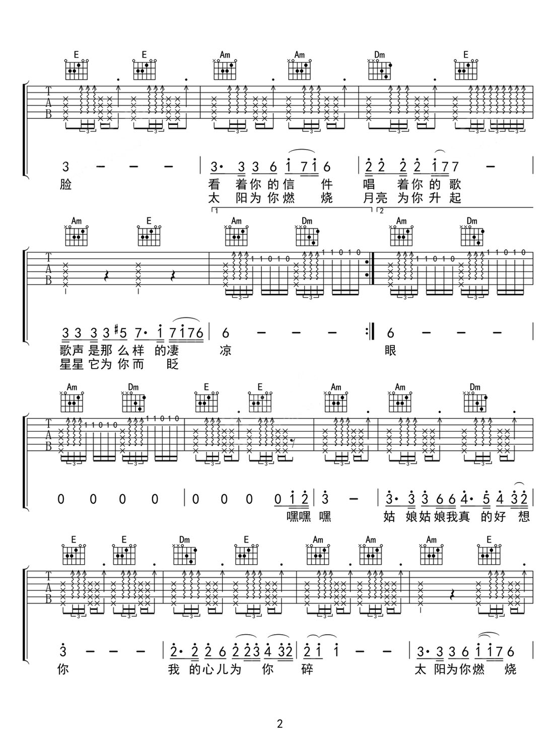 姑娘吉他譜_陳楚生_C調(diào)和弦彈唱譜_原版編配_圖譜2