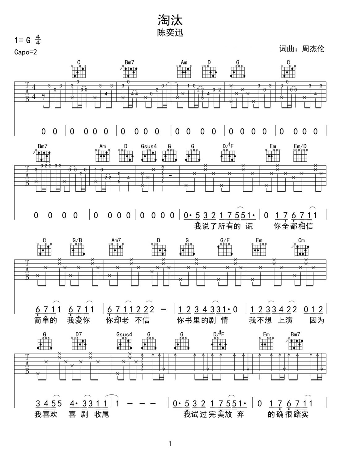 淘汰吉他譜_陳奕迅_G調和弦彈唱譜_高清帶前奏_圖譜1