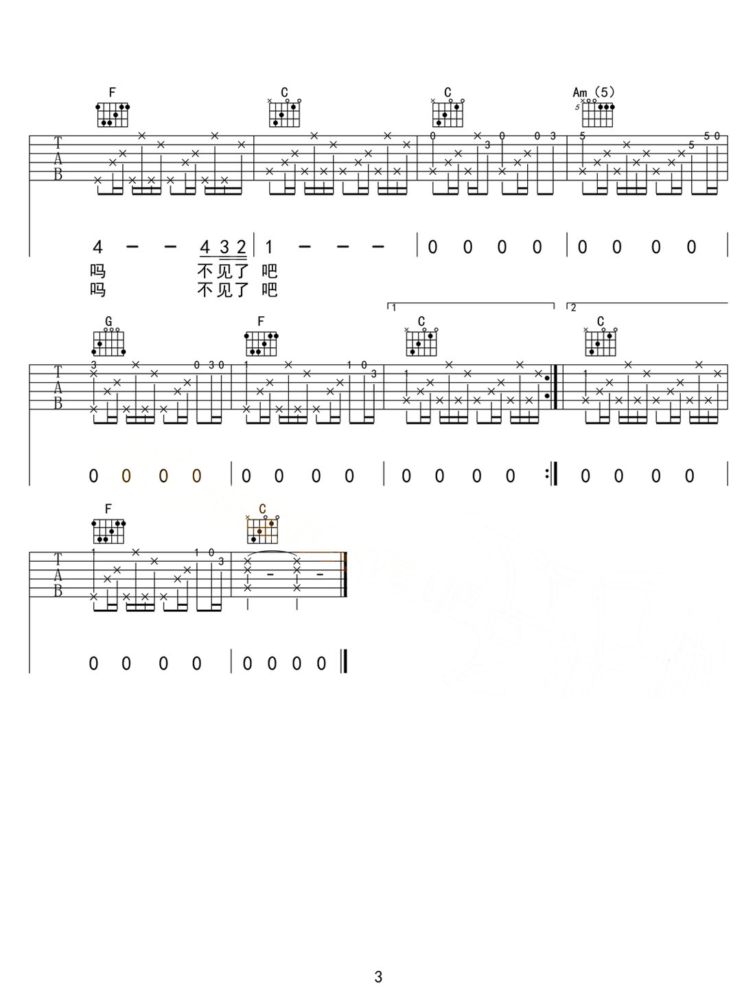 晚上好春天小姐吉他譜_五條人樂隊_C調和弦彈唱譜_高清重制版_圖譜3