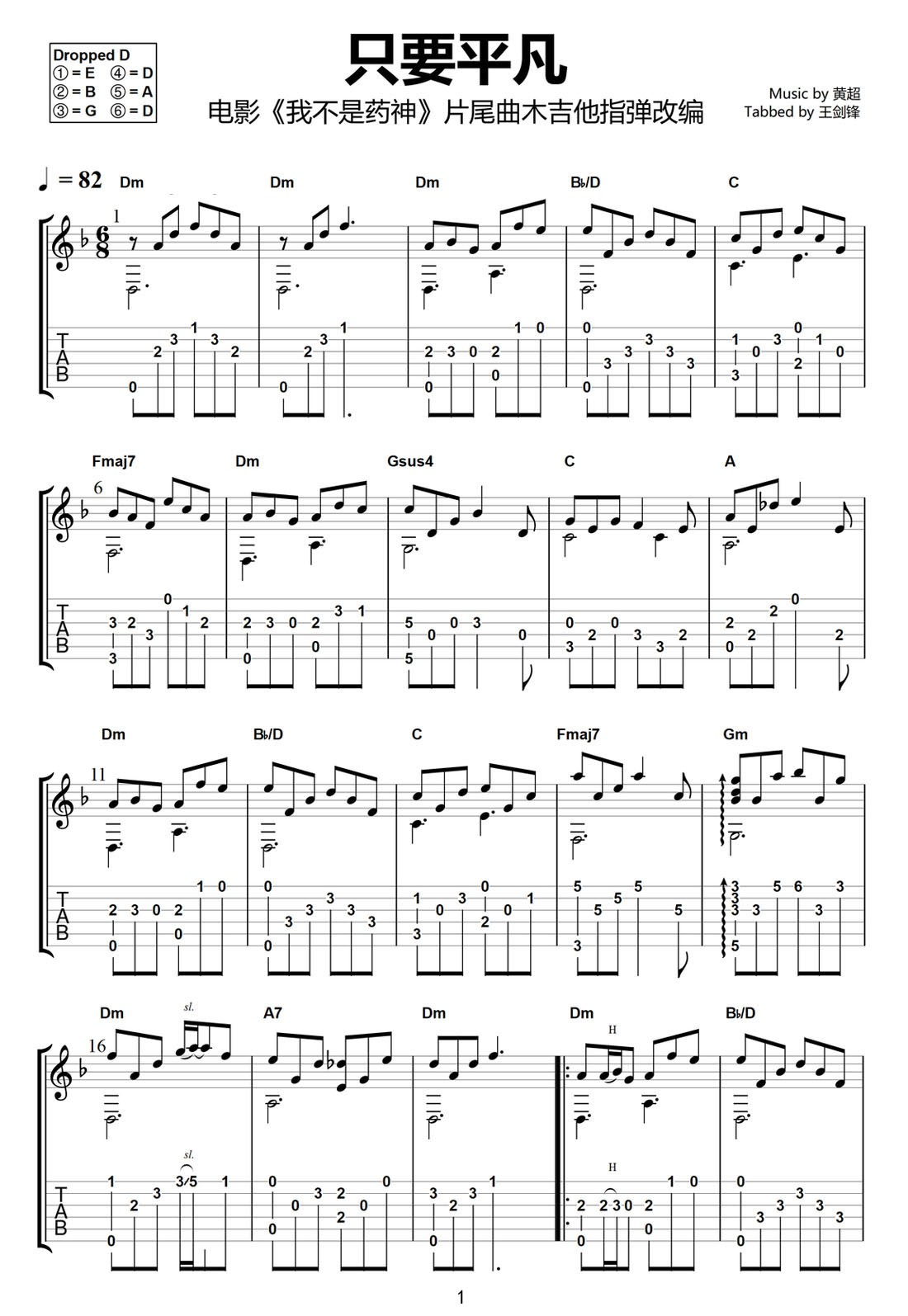 只要平凡吉他譜_張碧晨_C調指彈/獨奏譜_我不是藥神片尾曲_圖譜1