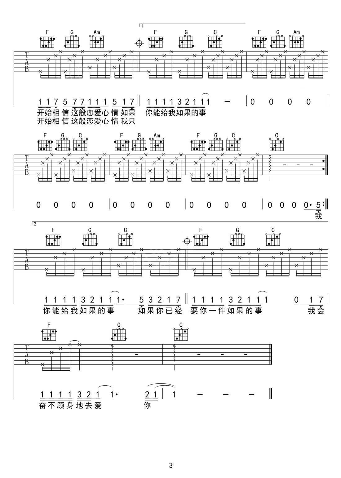 如果的事吉他譜_張韶涵_C調和弦彈唱譜_圖譜3
