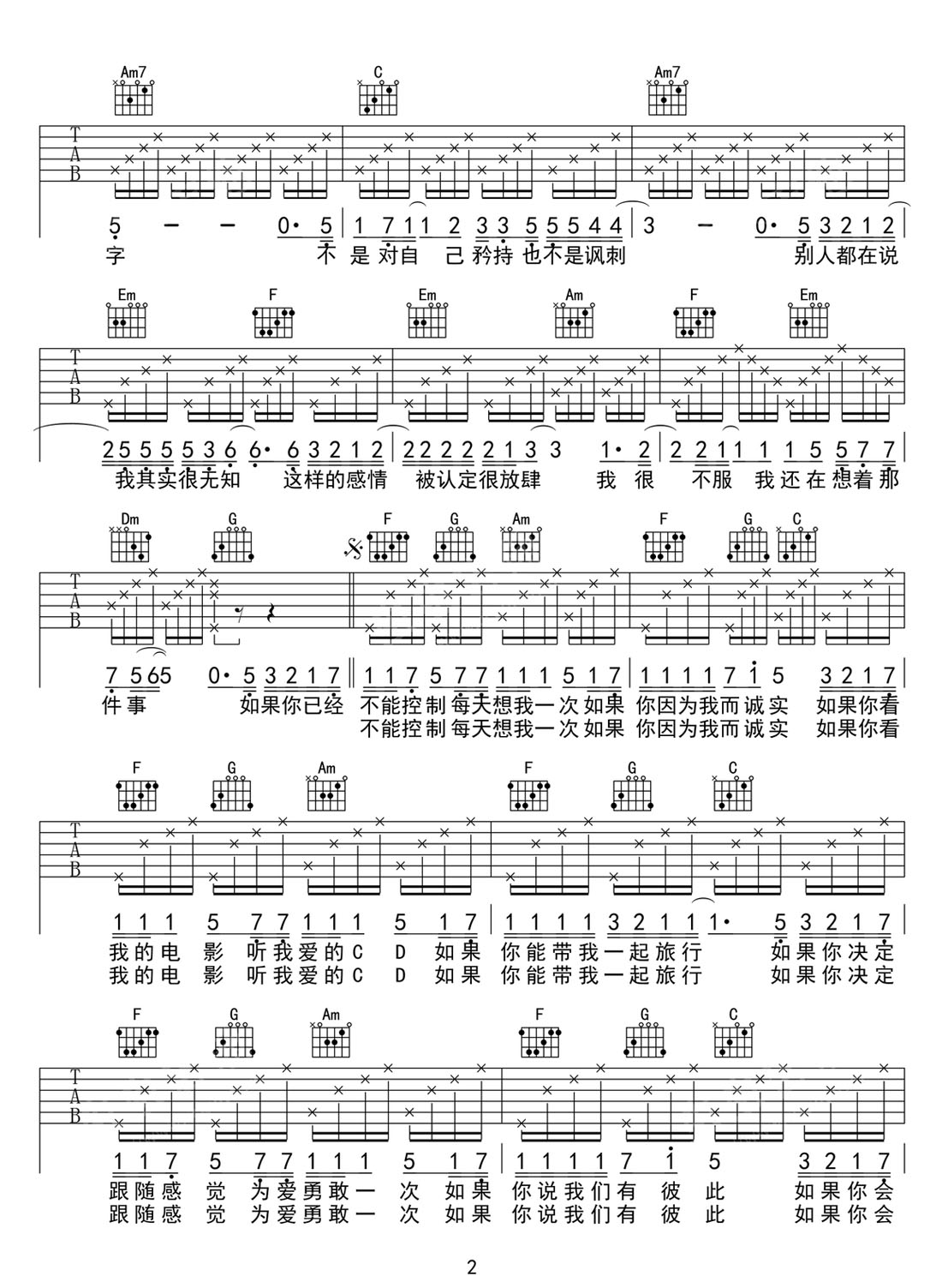 如果的事吉他譜_張韶涵_C調和弦彈唱譜_圖譜2