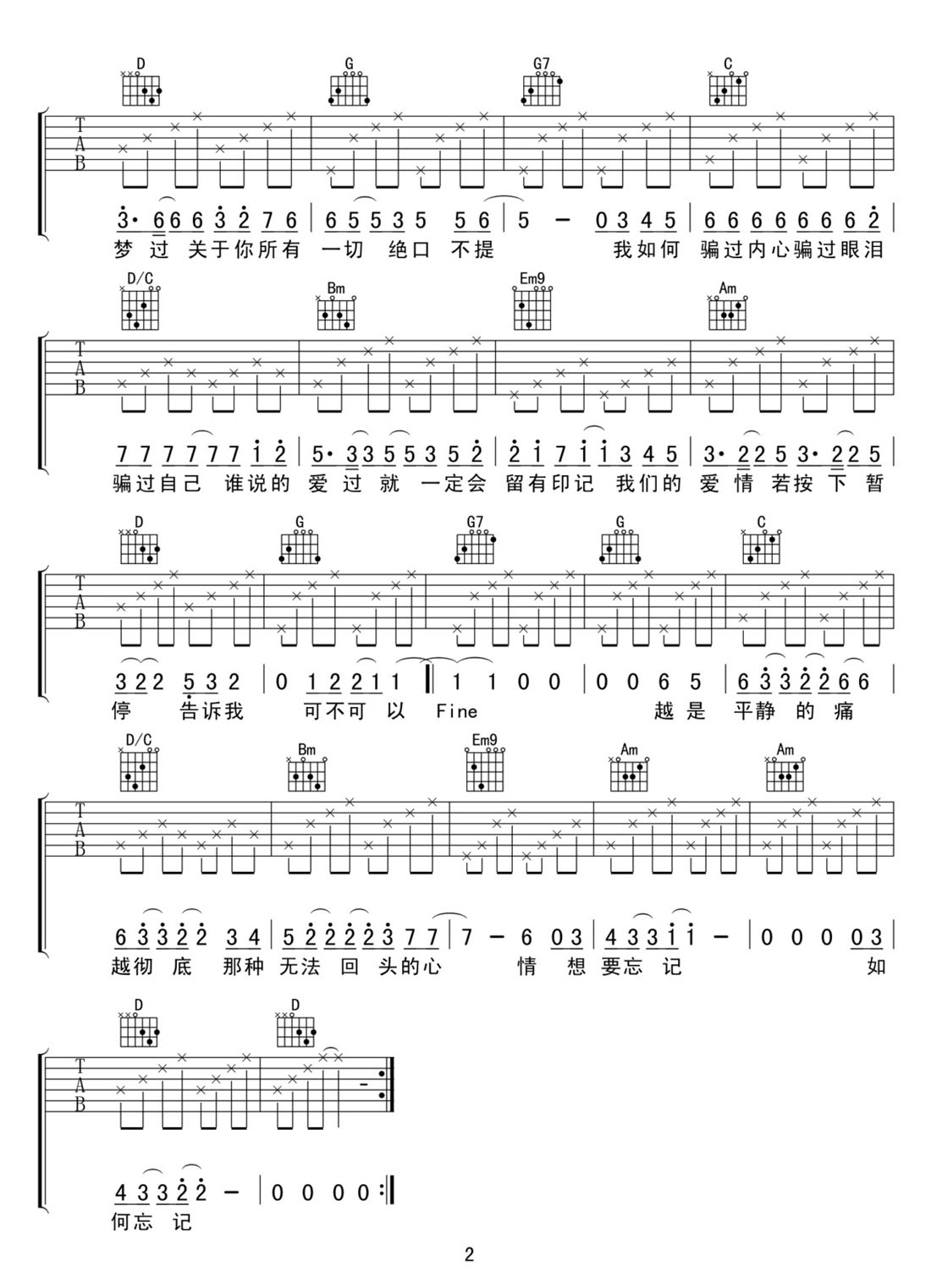 騙吉他譜_張碧晨_G調和弦彈唱譜_原版編配_圖譜2