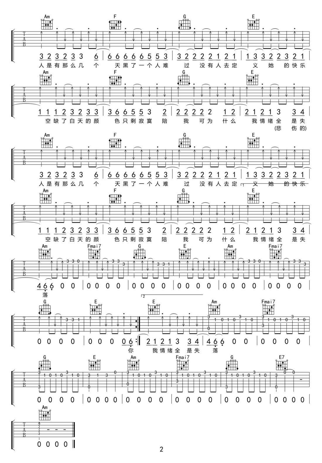 落單戀人吉他譜_零一九零貳_C調和弦彈唱譜_合唱版_圖譜2