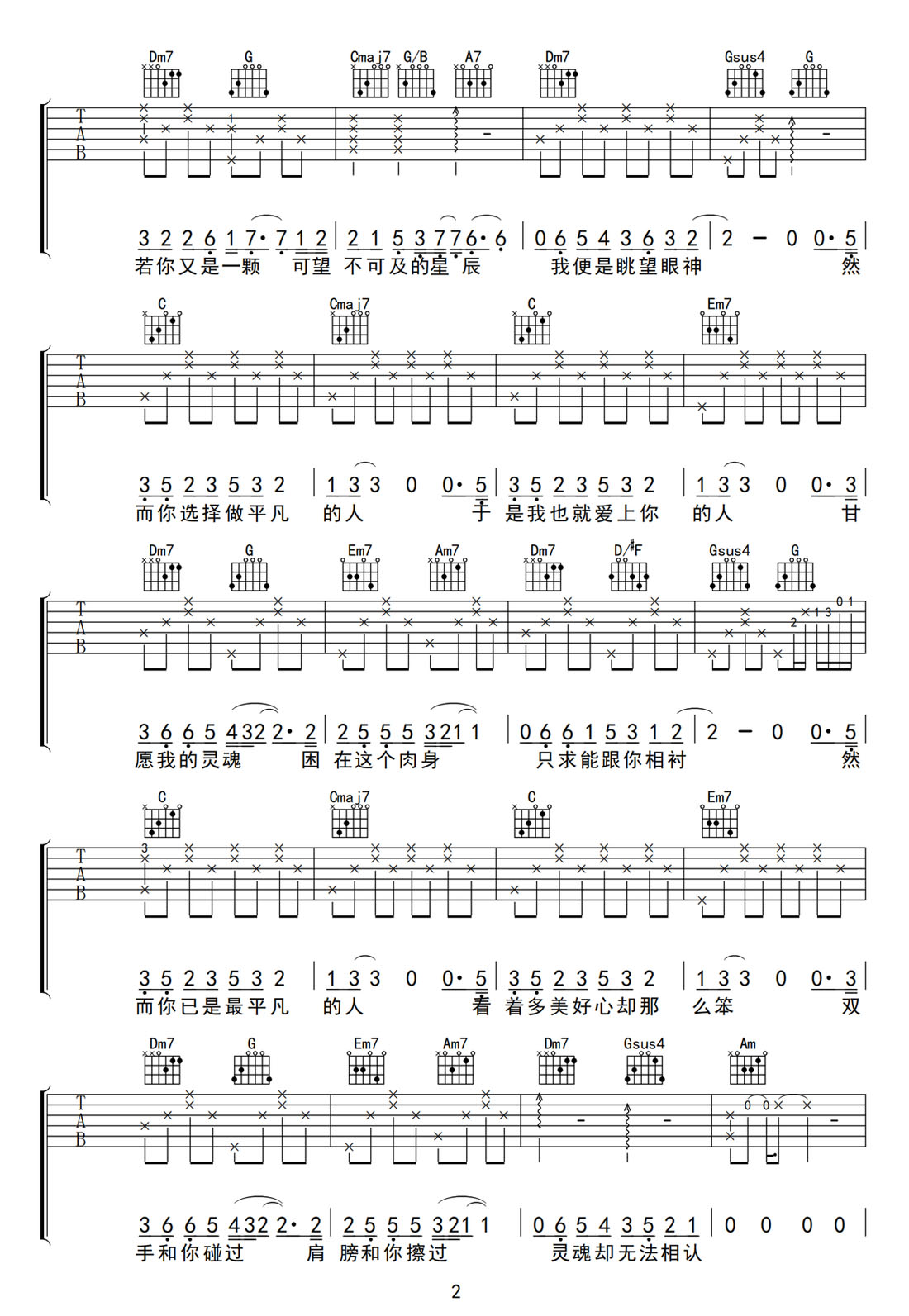 靈魂伴侶吉他譜_田馥甄_C調(diào)和弦彈唱譜_圖譜2