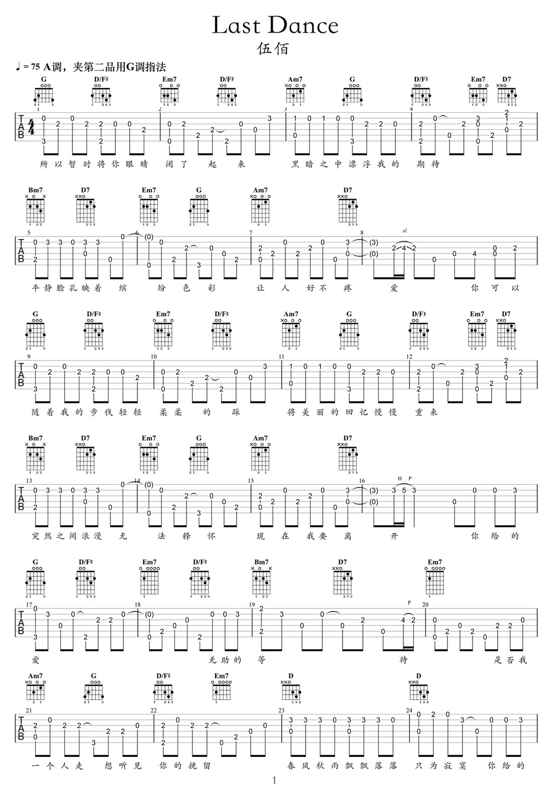 Last Dance吉他譜_伍佰_G調(diào)指彈/獨奏譜_原版改編_圖譜1