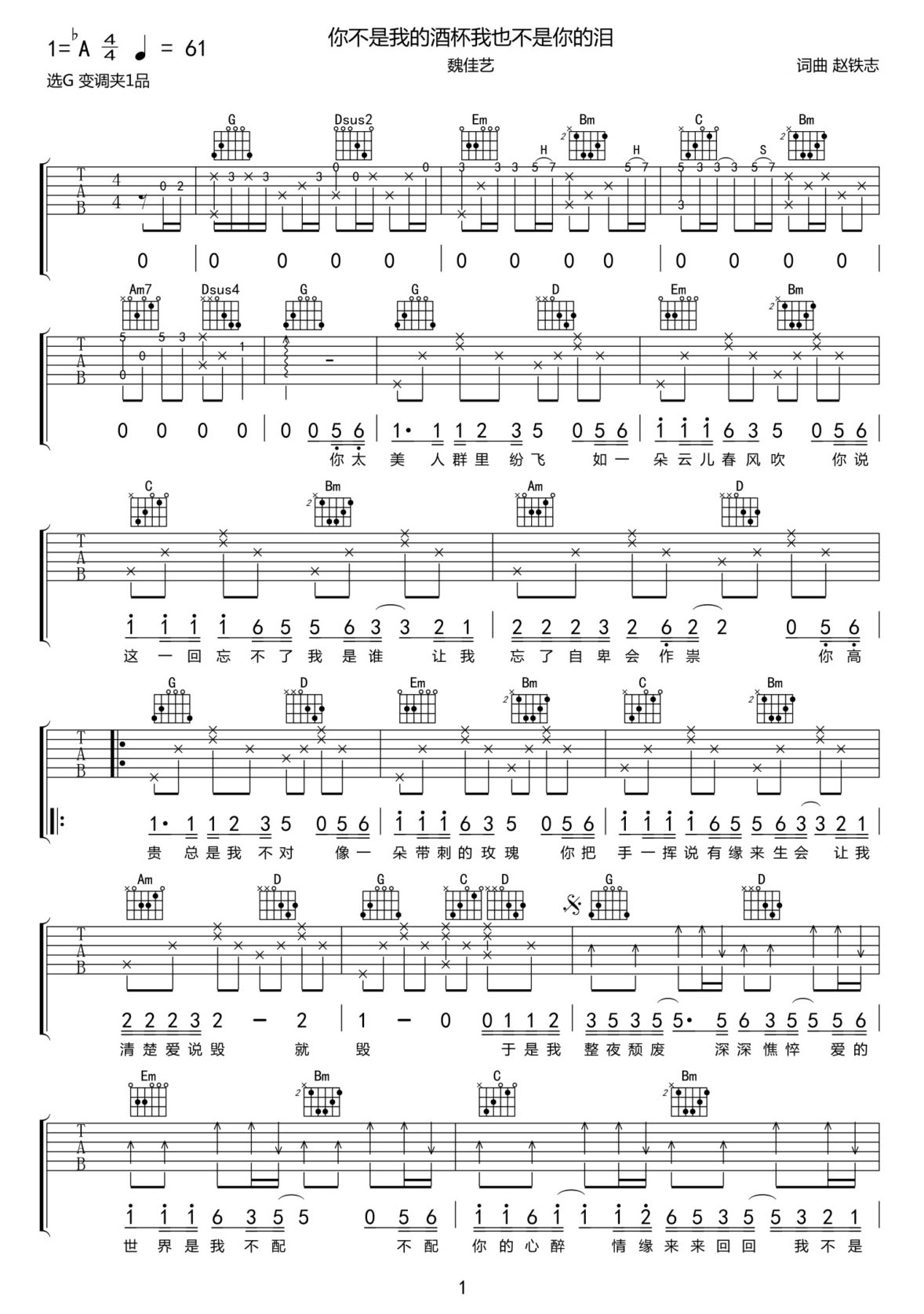 你不是我的酒杯我也不是你的淚吉他譜_魏佳藝_G調(diào)和弦彈唱譜_圖譜1