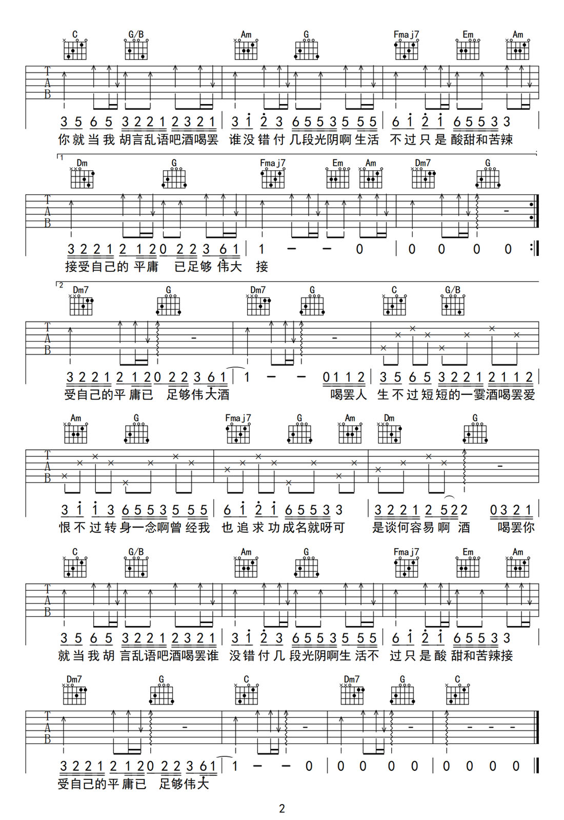 杯酒人生吉他譜_張妙格_C調和弦彈唱譜_原版_圖譜2