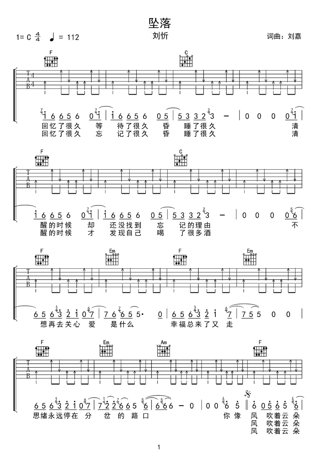 墜落吉他譜_劉忻_C調和弦彈唱譜_明天我們好好過片頭曲_圖譜1