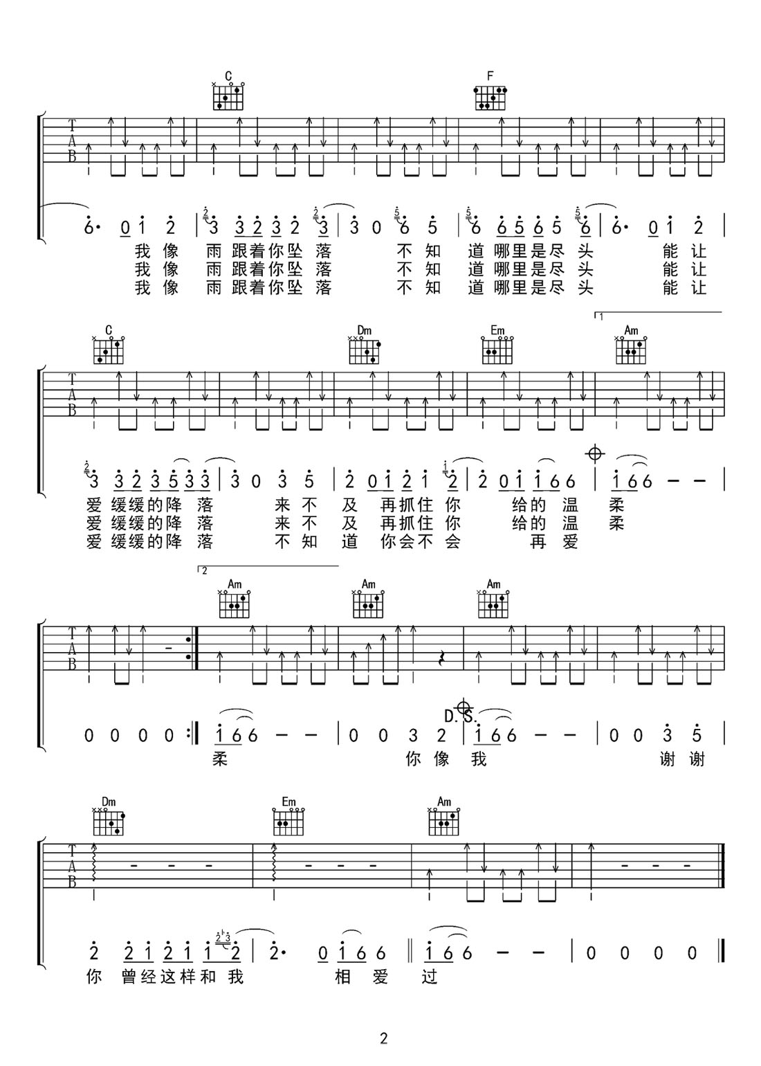 墜落吉他譜_劉忻_C調和弦彈唱譜_明天我們好好過片頭曲_圖譜2