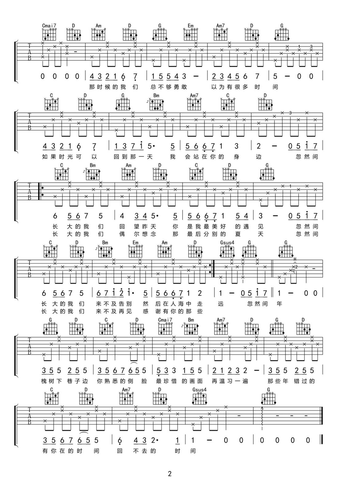 忽然間長大的我們吉他譜_花粥_G調和弦彈唱譜_完美帶前奏_圖譜2