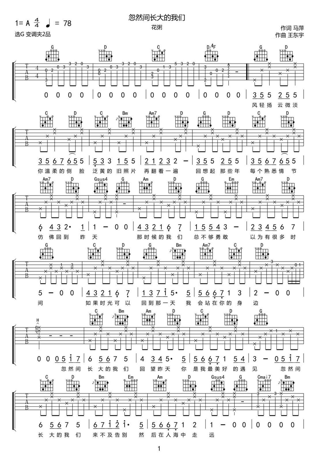忽然間長大的我們吉他譜_花粥_G調和弦彈唱譜_完美帶前奏_圖譜1