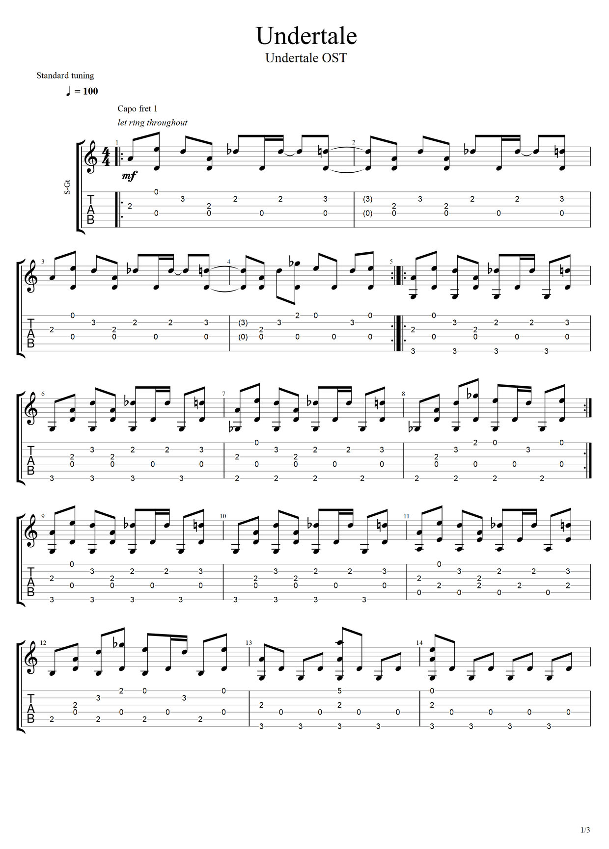 Undertale(傳說之下)吉他譜_動漫游戲_C調指彈/獨奏譜_圖譜1