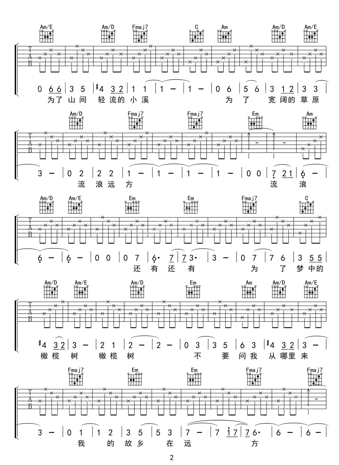 橄欖樹吉他譜_齊豫_C調和弦彈唱譜_高清重制版_圖譜2