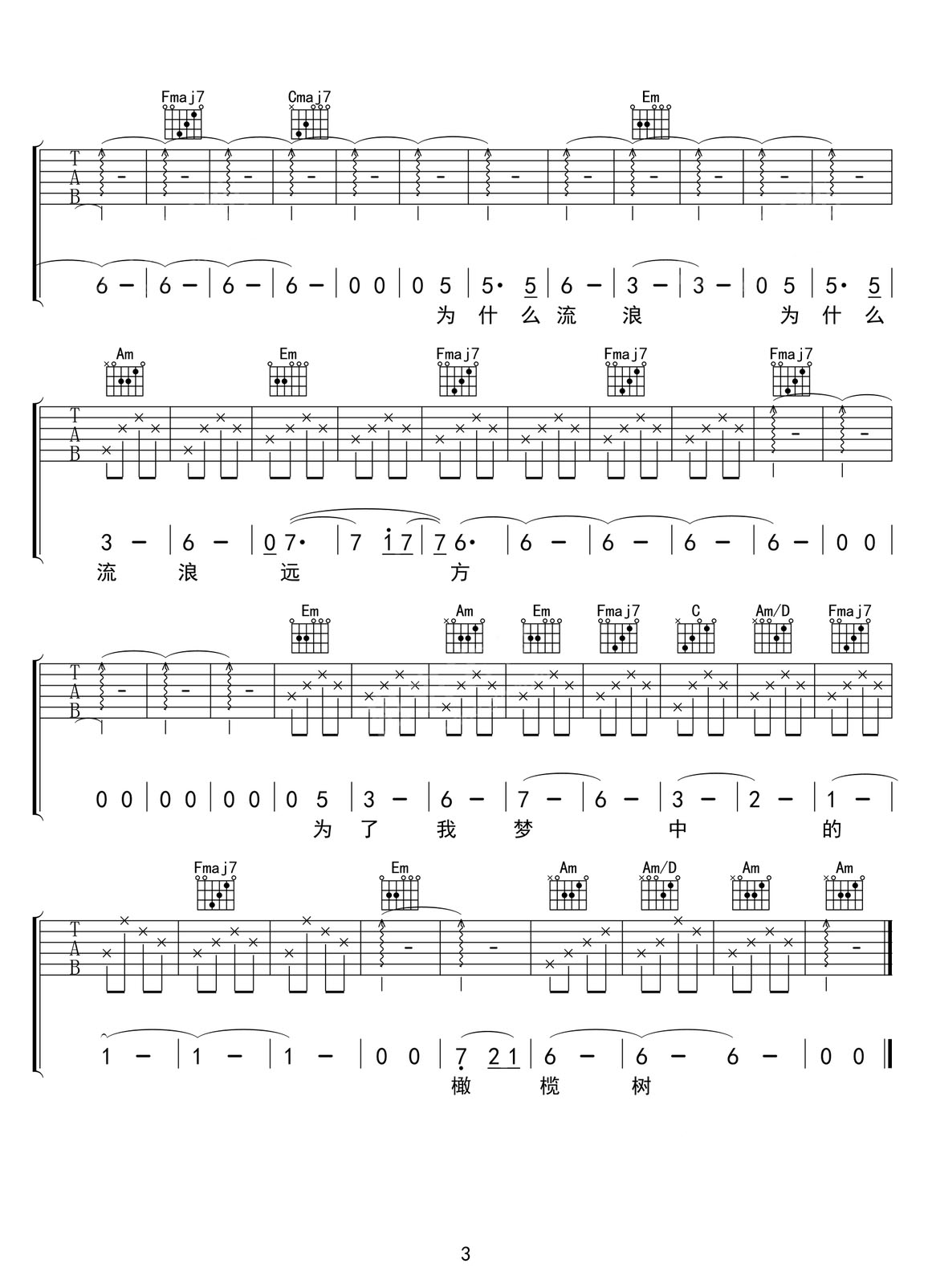 橄欖樹吉他譜_齊豫_C調和弦彈唱譜_高清重制版_圖譜3