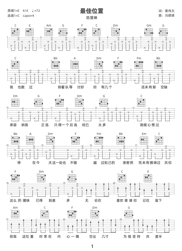 最佳位置吉他譜_陳慧琳_C調(diào)和弦彈唱譜_老歌新編_圖譜1