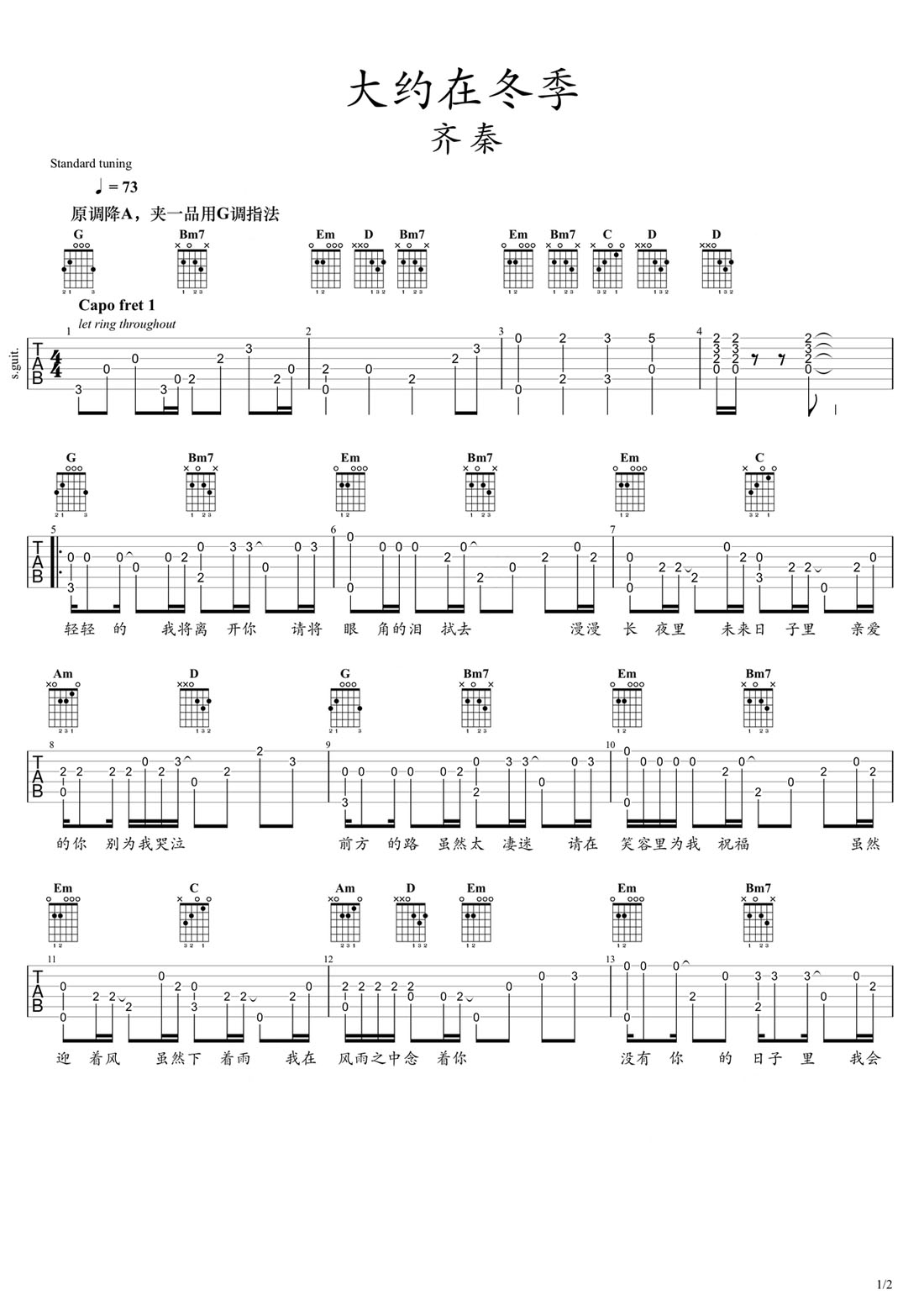 大約在冬季吉他譜_齊秦_G調(diào)指彈/獨(dú)奏譜_老歌新編_圖譜1