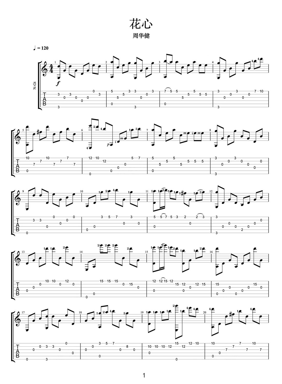 花心吉他譜_周華健_C調(diào)指彈/獨奏譜_老歌新編_圖譜1