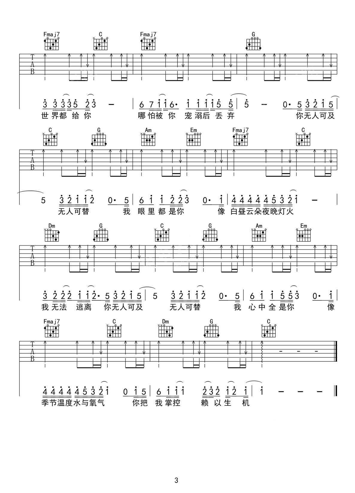 無(wú)人可及吉他譜_王晴_C調(diào)和弦彈唱譜_完整版_圖譜3