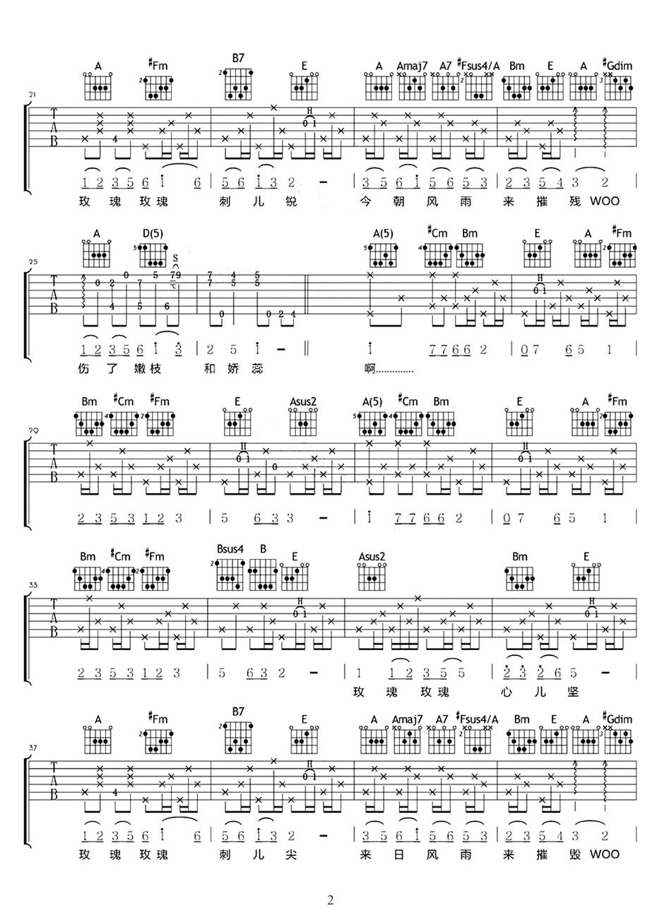 玫瑰玫瑰我愛你吉他譜_王若琳_A調(diào)和弦彈唱譜_原版_圖譜2