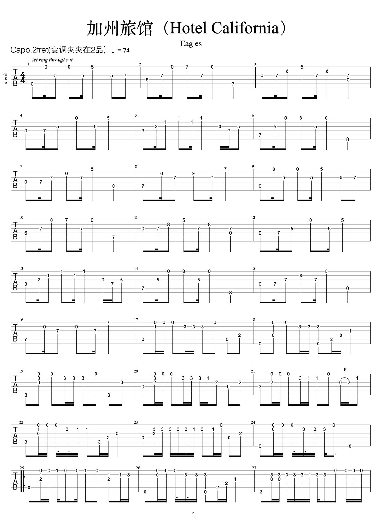 Hotel California加州旅館吉他譜_老鷹樂隊(duì)_G調(diào)指彈/獨(dú)奏譜_簡(jiǎn)單版_圖譜1