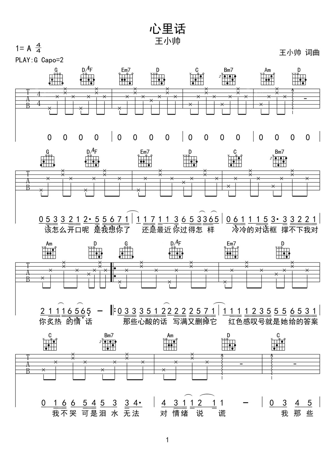 心里話吉他譜_王小帥_G調(diào)和弦彈唱譜_高清簡單_圖譜1