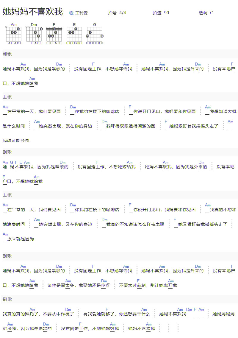 她媽媽不喜歡我吉他譜_王矜霖_C調和弦彈唱譜_圖譜1