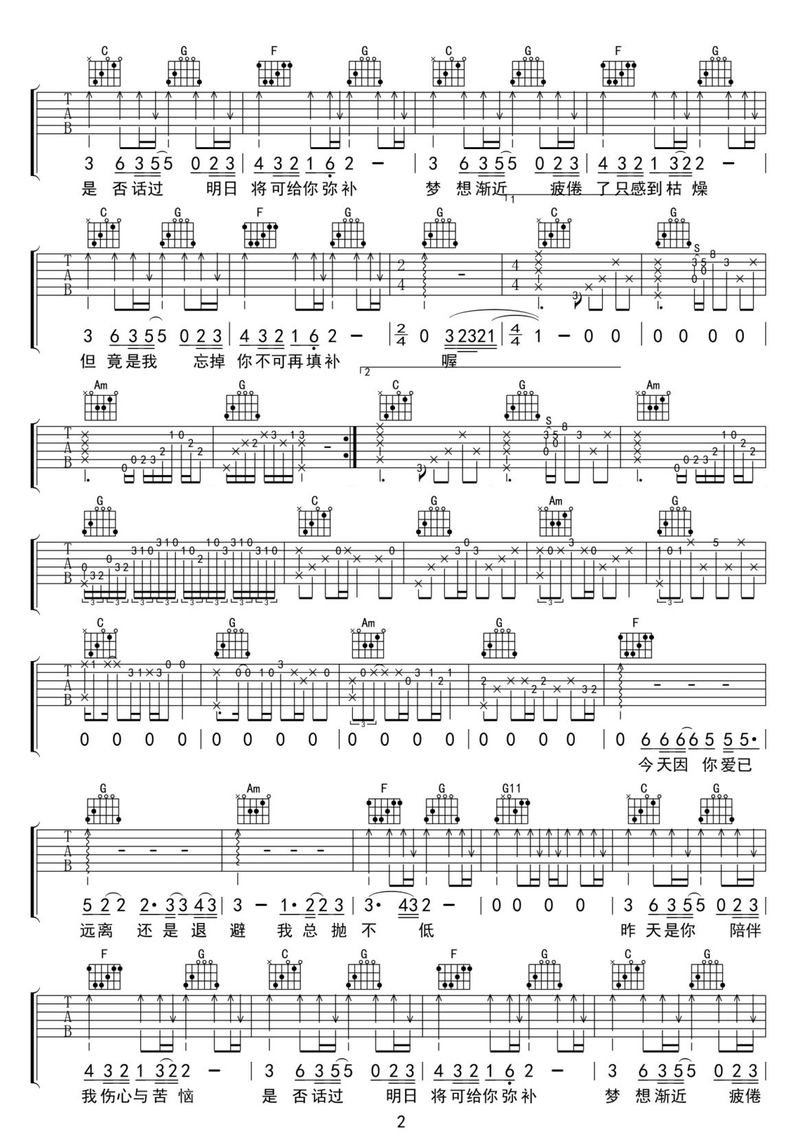 無淚的遺憾吉他譜_Beyond_C調和弦彈唱譜_高還原重制版_圖譜2