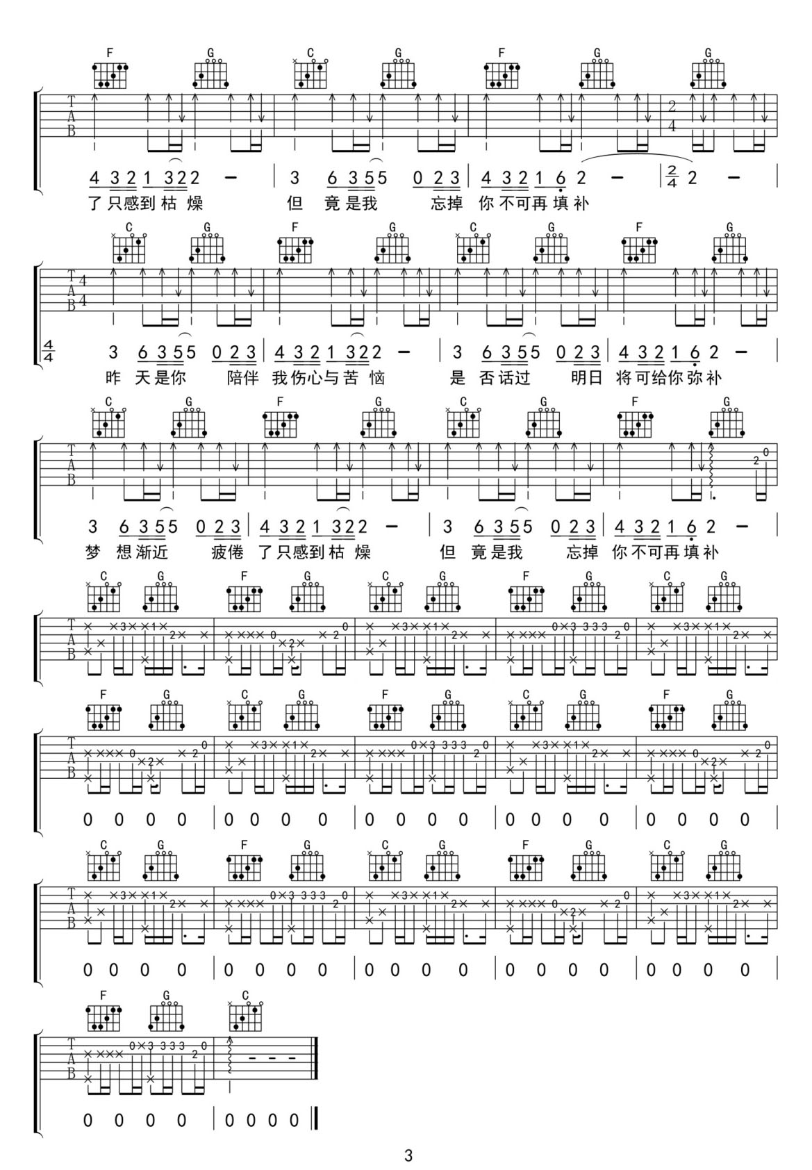 無淚的遺憾吉他譜_Beyond_C調和弦彈唱譜_高還原重制版_圖譜3