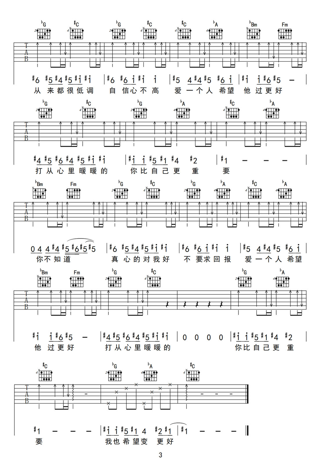 暖暖吉他譜_梁靜茹_C調和弦彈唱譜_高清帶前奏_圖譜3