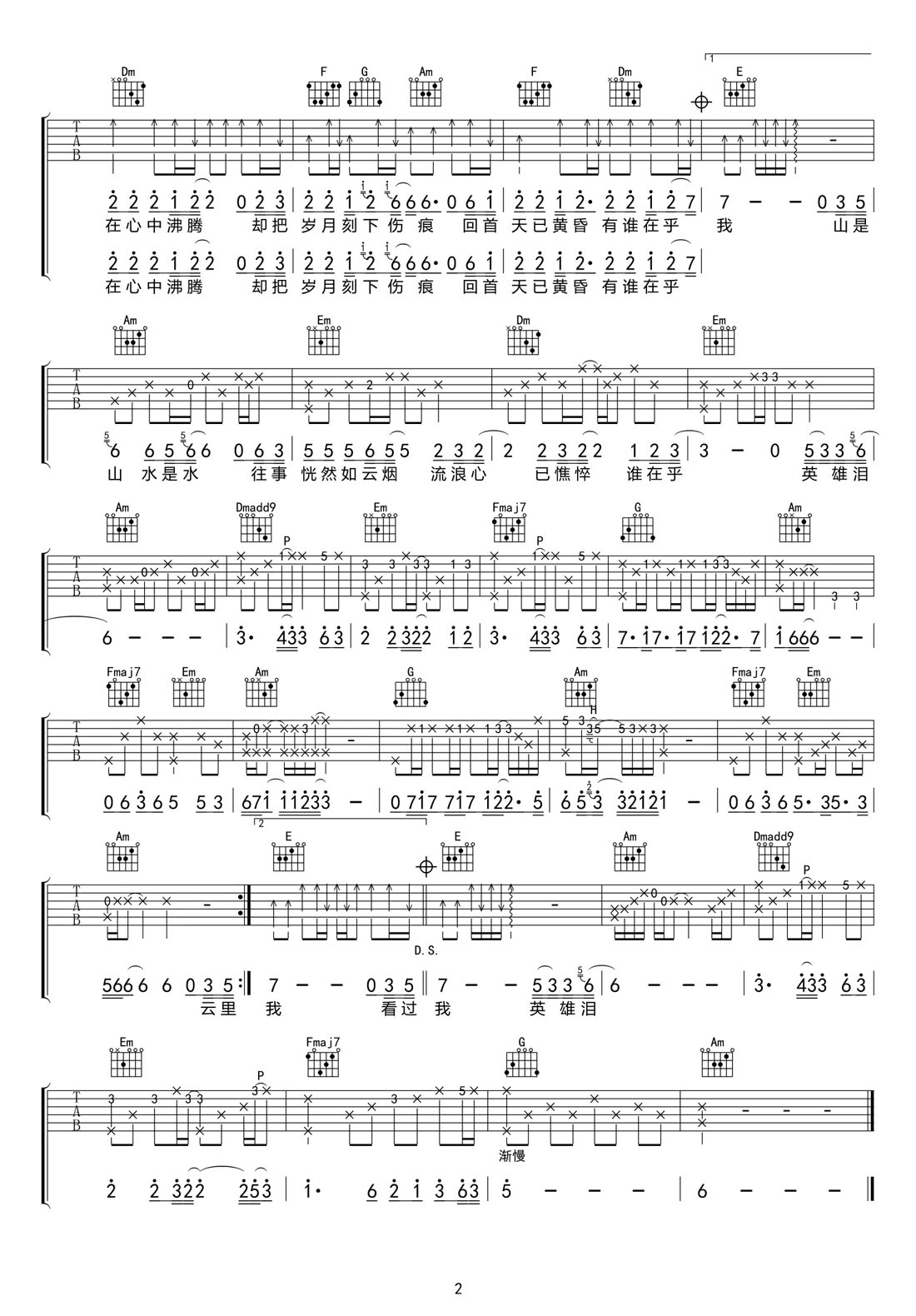 英雄淚吉他譜_王杰_C調和弦彈唱譜_完美重制版_圖譜2