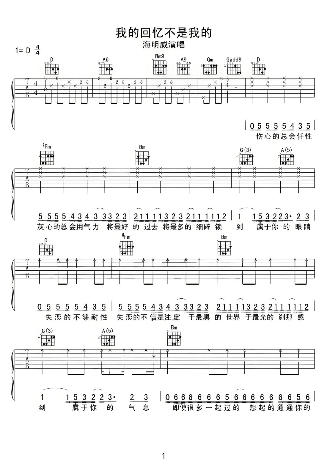 我的回憶不是我的吉他譜_海鳴威_G調和弦彈唱譜_高清重制版_圖譜1