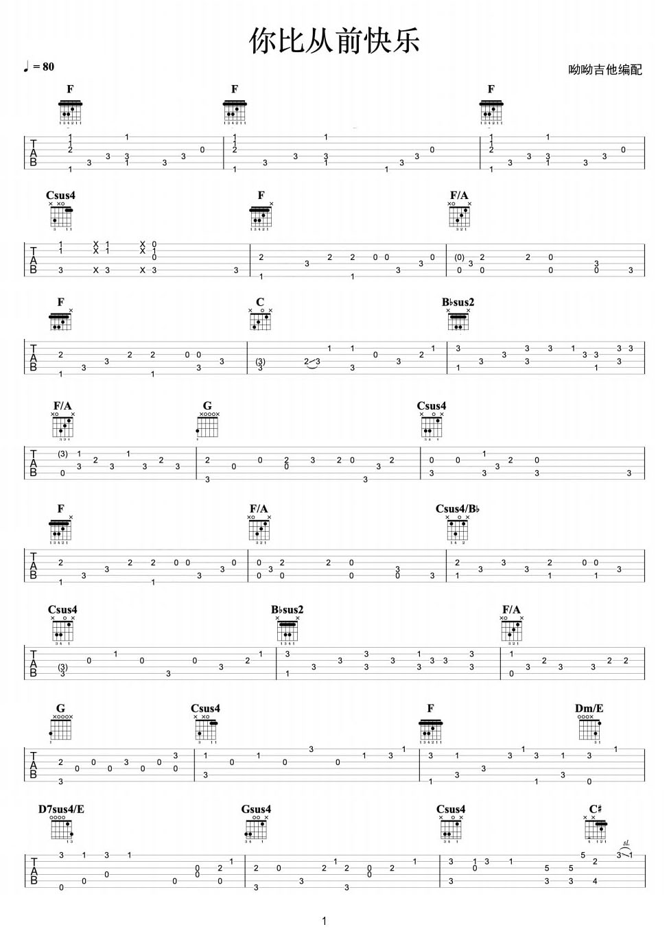 你比從前快樂吉他譜_周杰倫_C調指彈/獨奏譜_新編_圖譜1