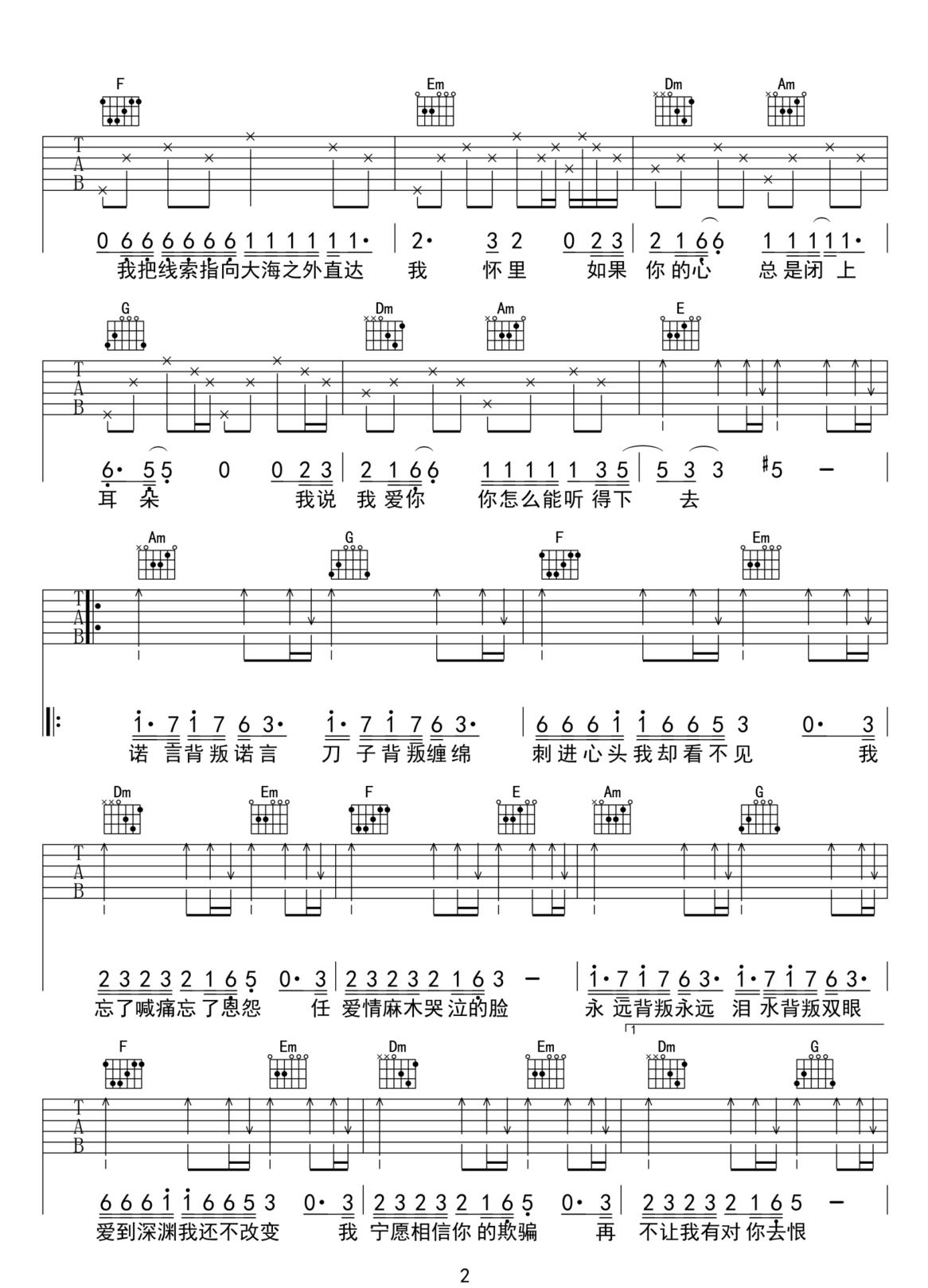 背叛情歌吉他譜_動力火車_C調和弦彈唱譜_高清重制版_圖譜2