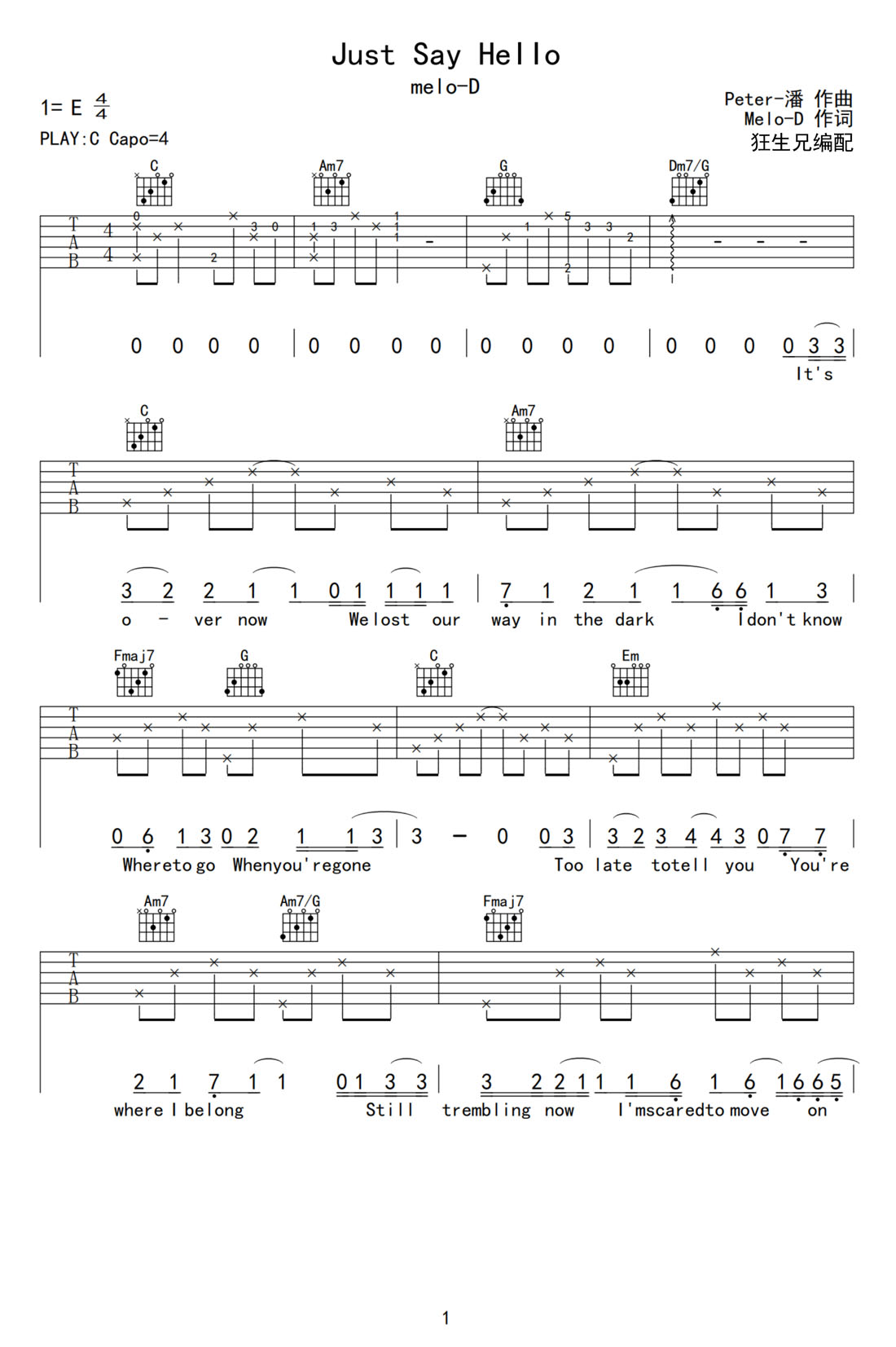 Just Say Hello吉他譜_melo-d_C調和弦彈唱譜_高清帶前奏_圖譜1