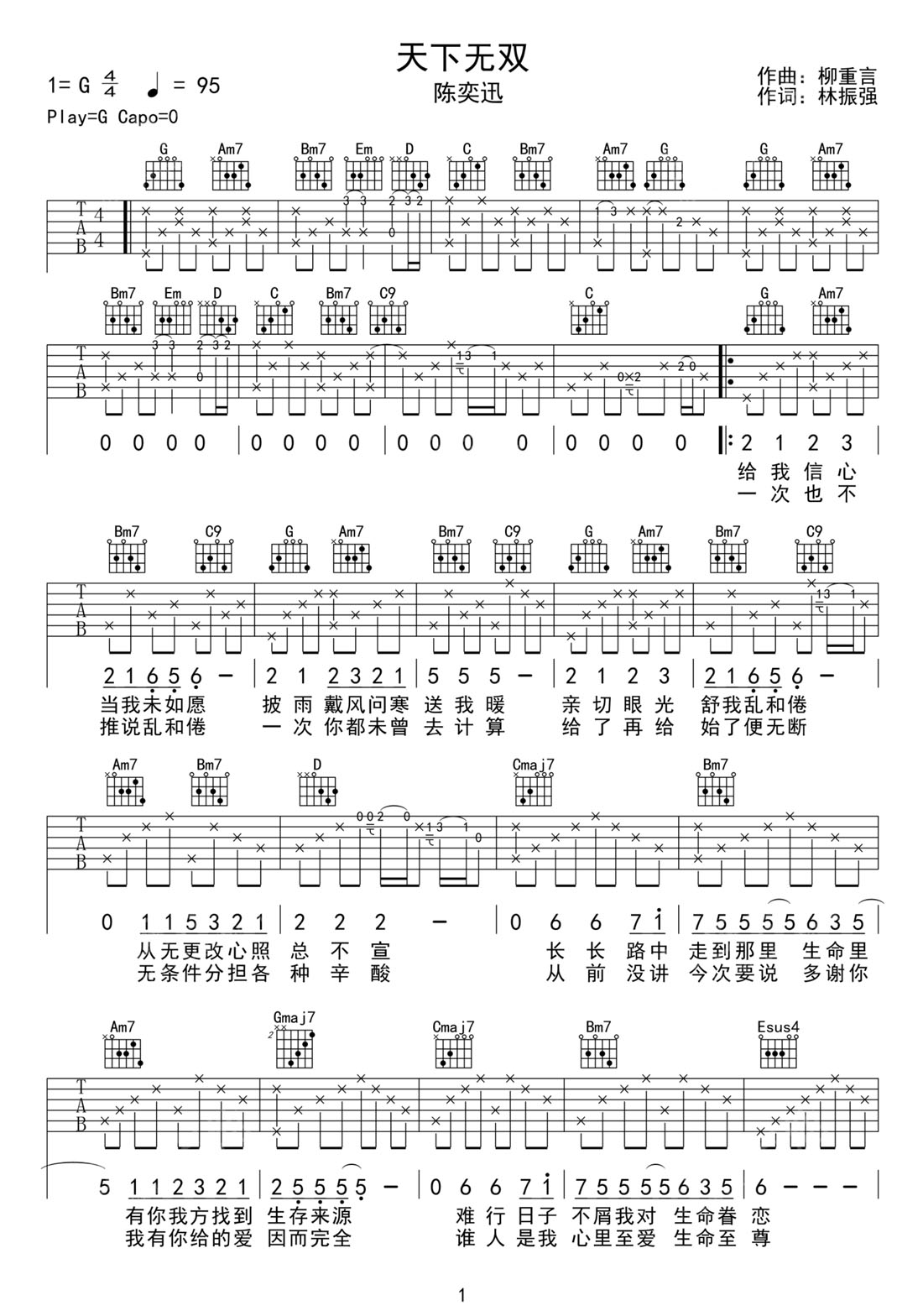 天下無雙吉他譜_陳奕迅_G調和弦彈唱譜_高清完美版_圖譜1