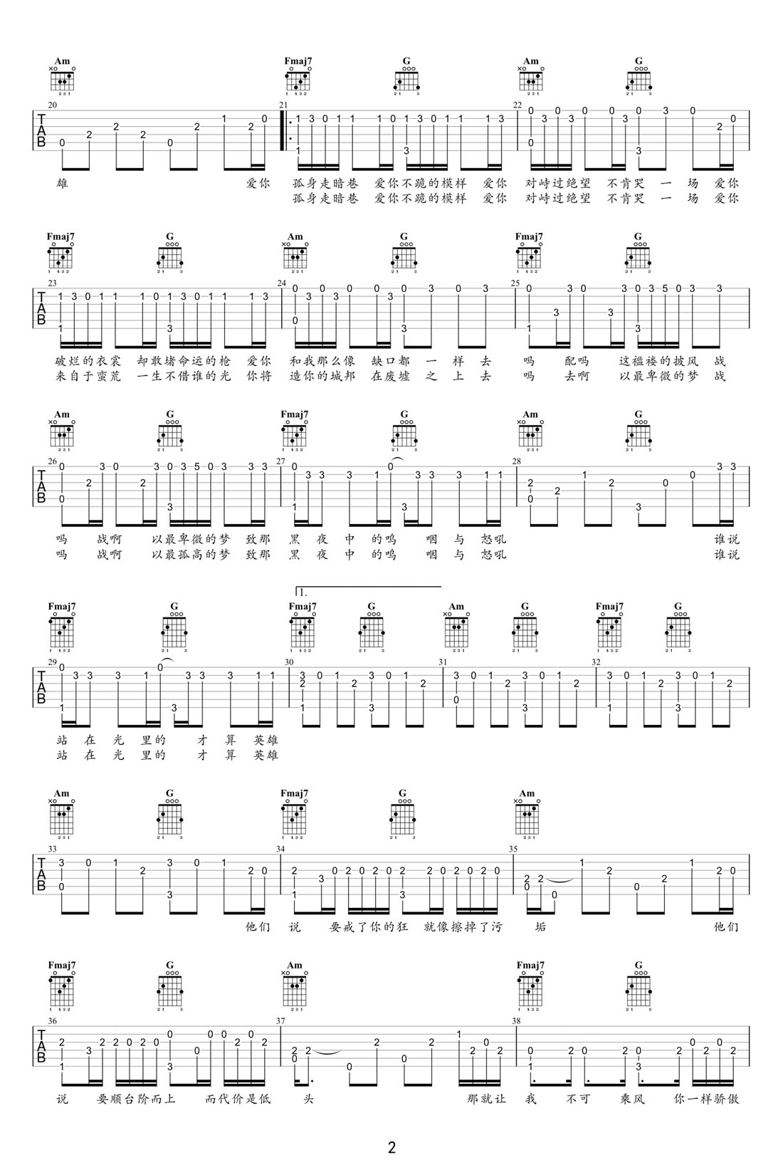 孤勇者吉他譜_陳奕迅_C調指彈/獨奏譜_新編_圖譜2