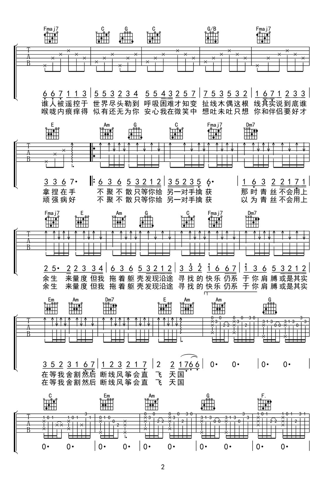 一絲不掛吉他譜_陳奕迅_C調和弦彈唱譜_高清完美版_圖譜2