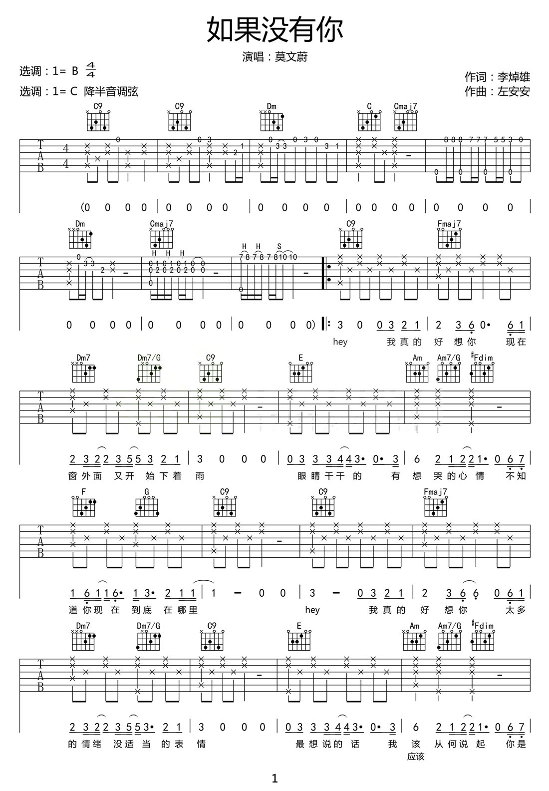如果沒有你吉他譜_莫文蔚_C調(diào)和弦彈唱譜_簡單帶前奏_圖譜1