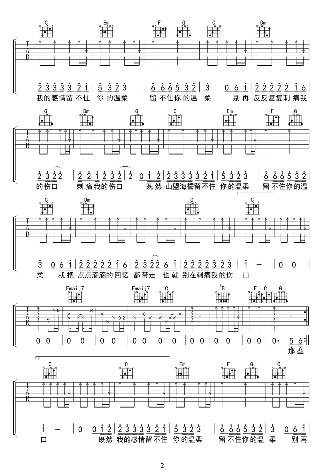 留不住你的溫柔吉他譜_李澤堅_C調和弦彈唱譜_完整帶前奏_圖譜2