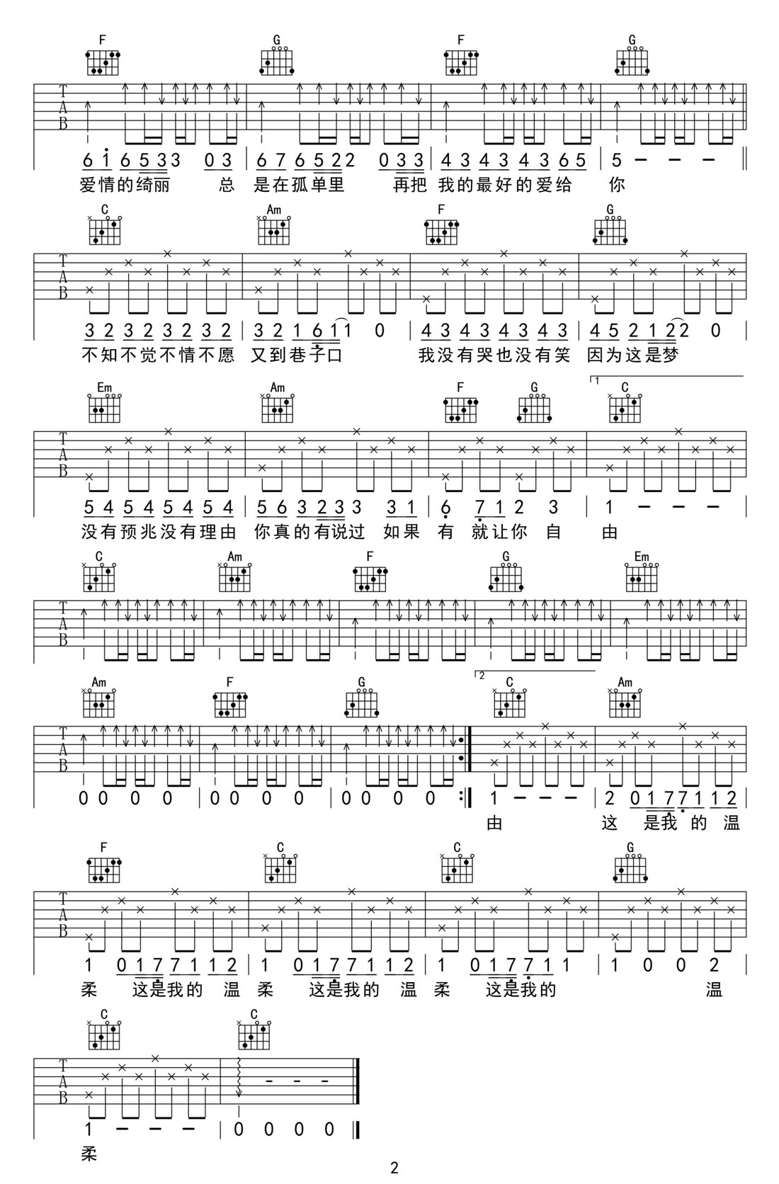 溫柔吉他譜_五月天_C調(diào)和弦彈唱譜_完美帶前奏_圖譜2