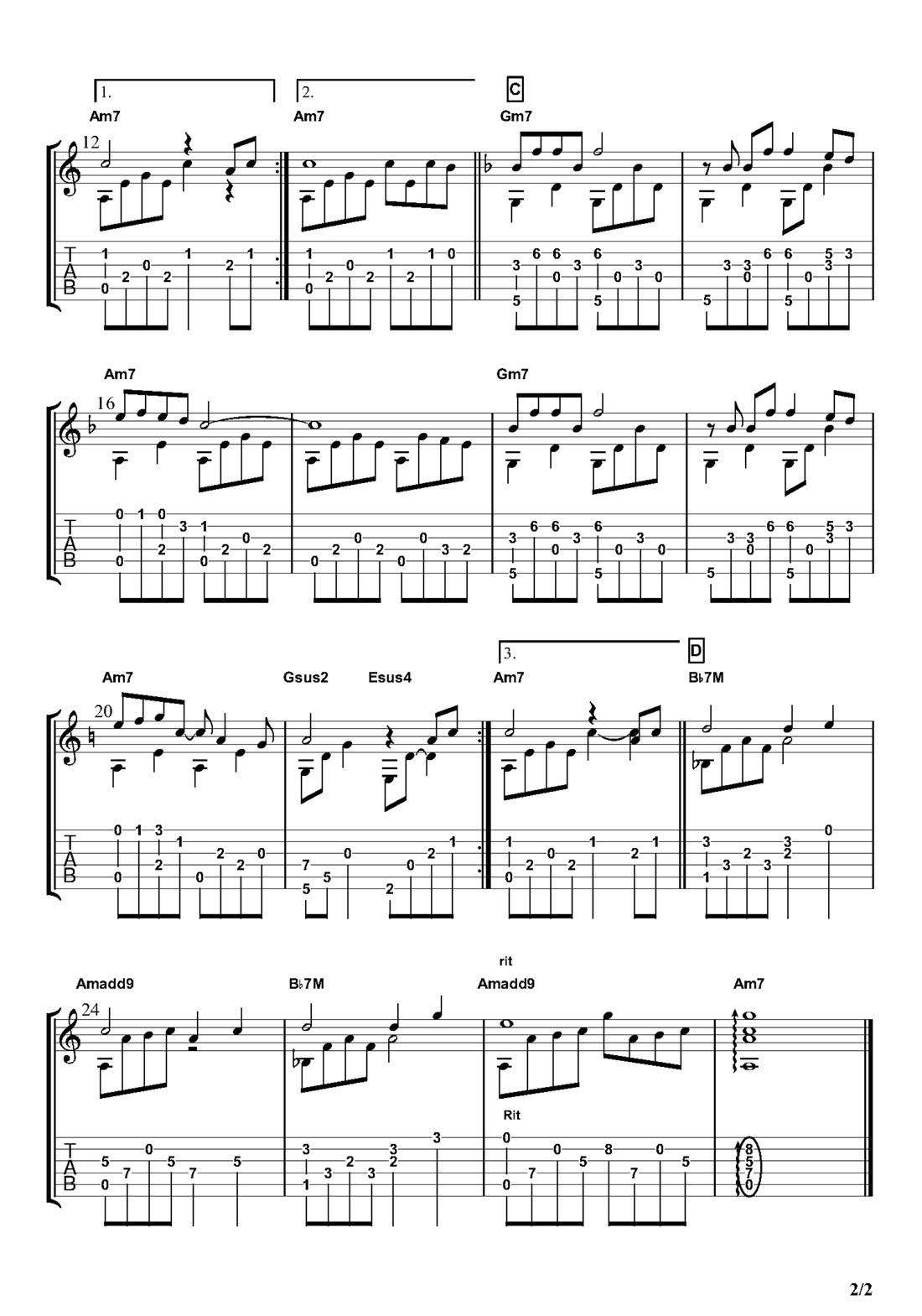 風(fēng)之甬道(風(fēng)のとおり道)吉他譜_久石讓_A調(diào)指彈/獨(dú)奏譜_龍貓配樂_圖譜2
